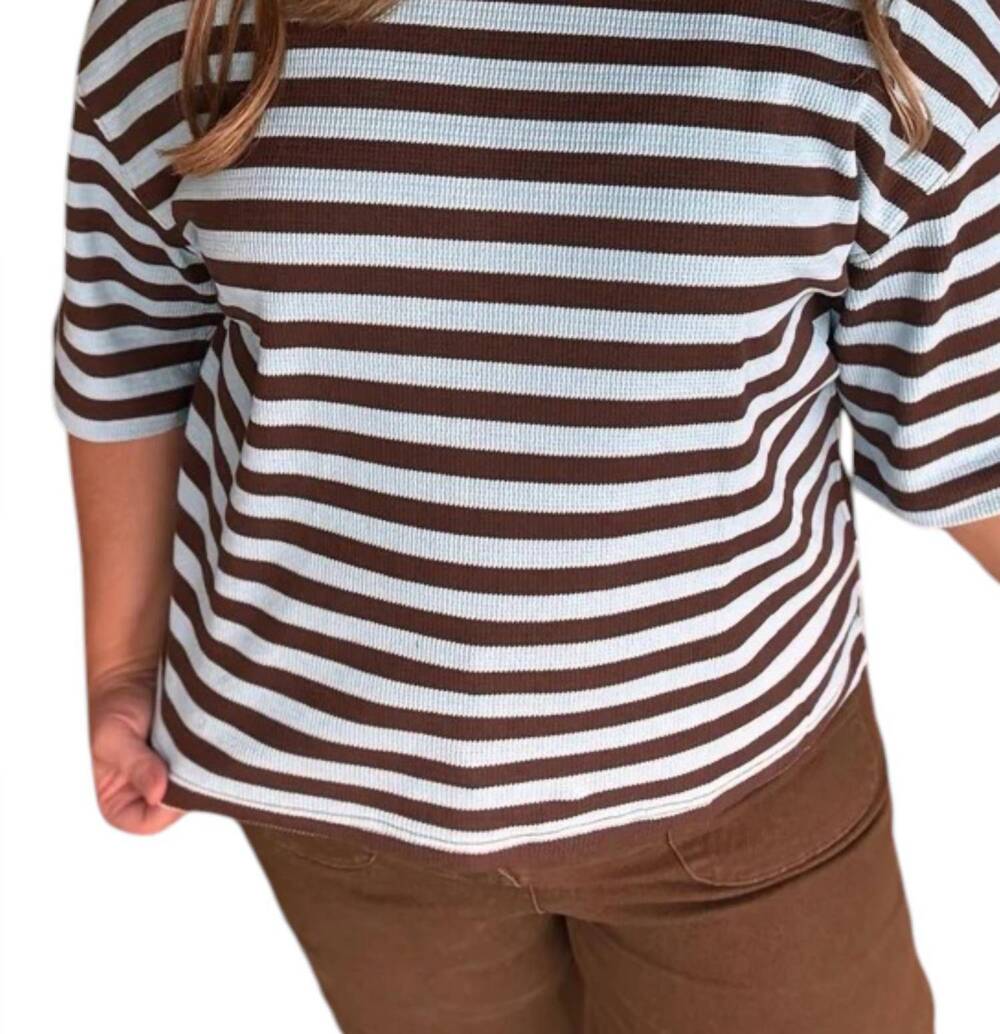 NEW ENTRO vanilla kisses striped ribbed short sleeve top in brown & blue